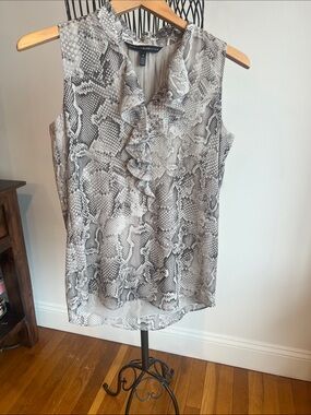 White House Black Market Black and Gray Snake-Print Ruffle V-Neck Camisole